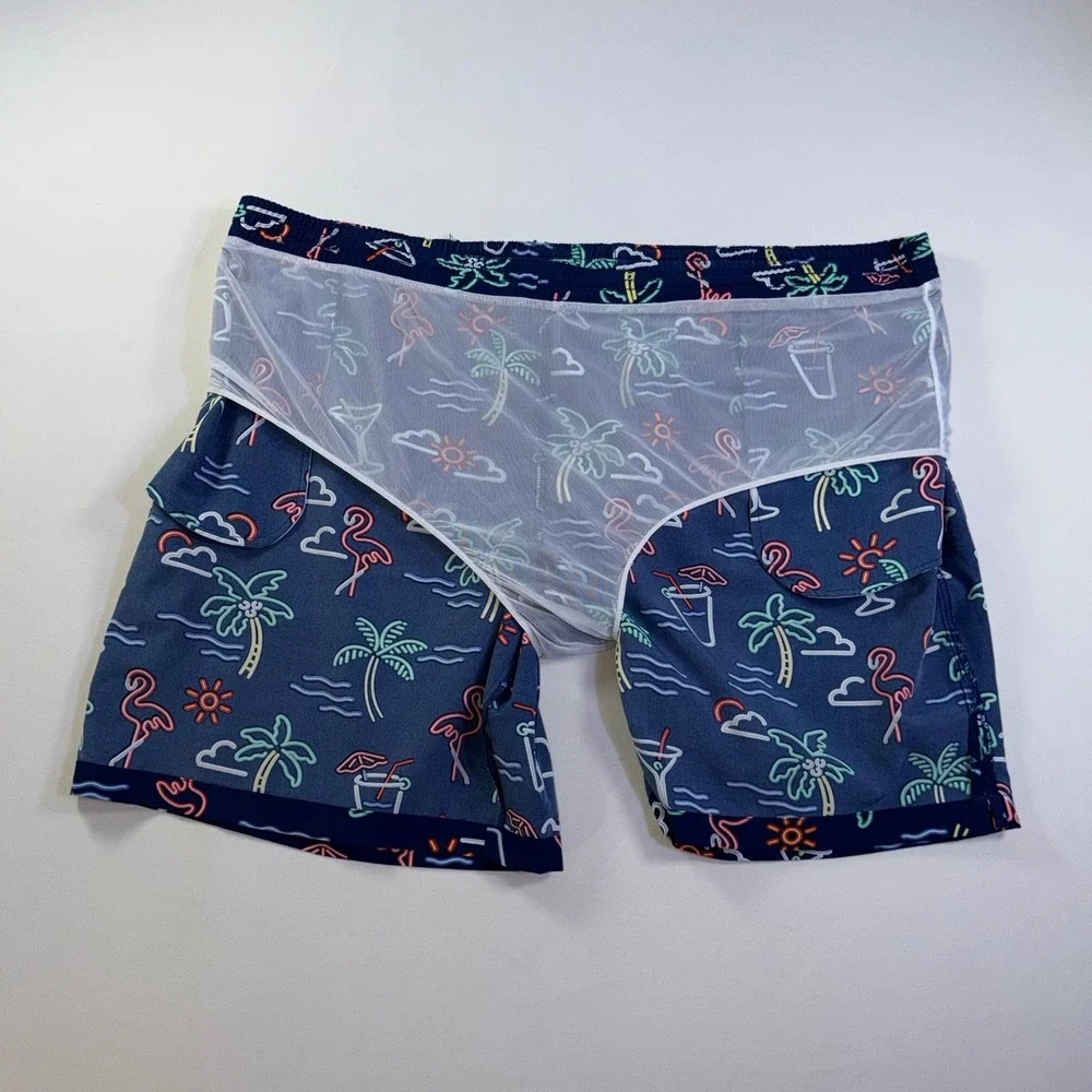 Chubbies Mens Navy Blue Neon Flamingo Palm Tree Print Swim Trunks Mesh Liner 3XL